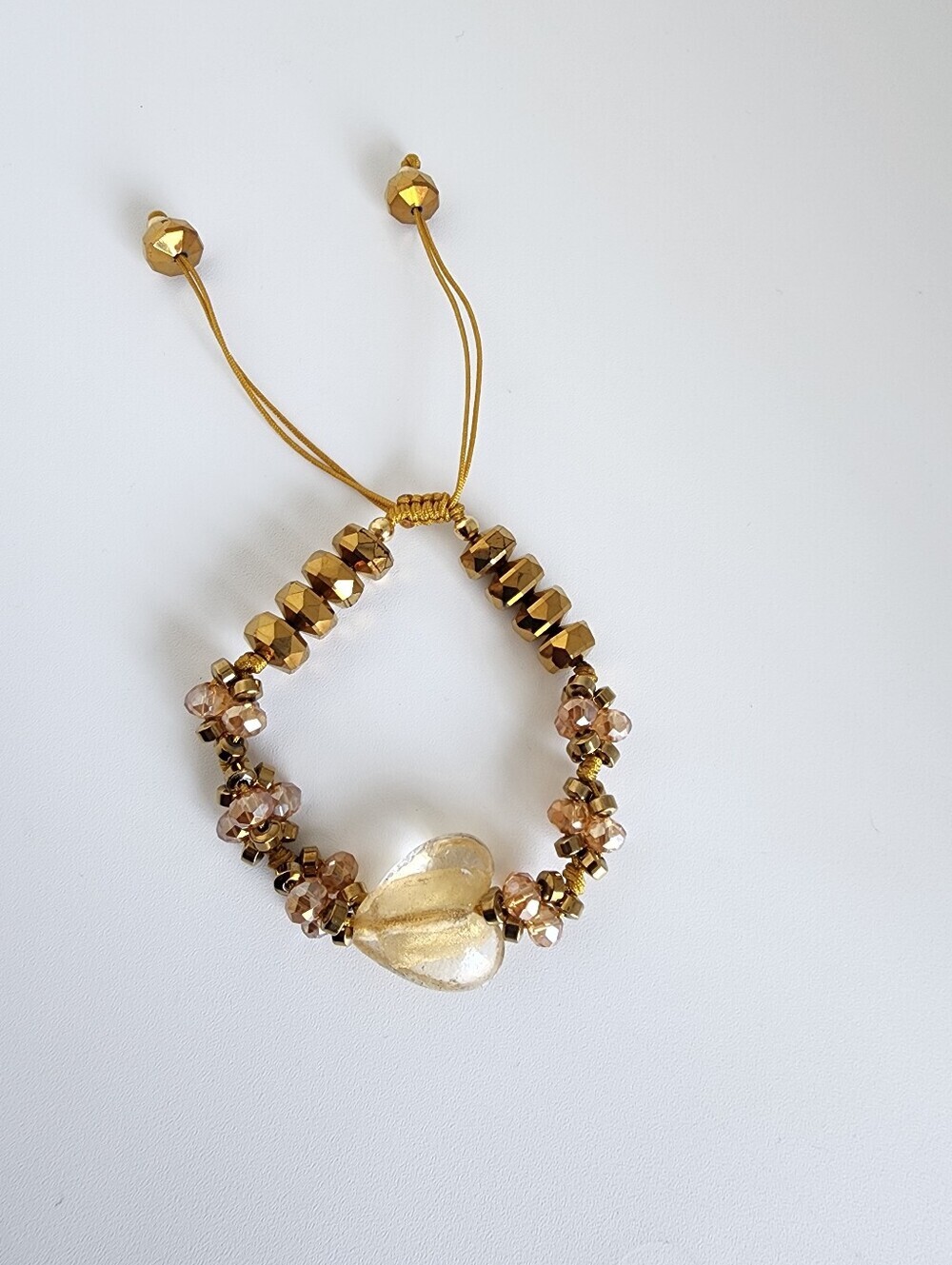 Gold Tone Heart Bracelet Adjustable Crystal Beaded Romantic Jewelry